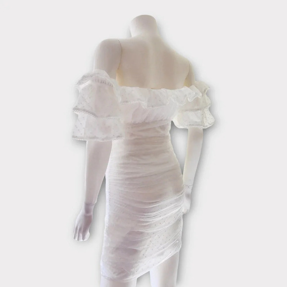 Camila Coelho Eva Mini Dress Size M Ruched Off Shoulder Bachelorette - Picture 7 of 8